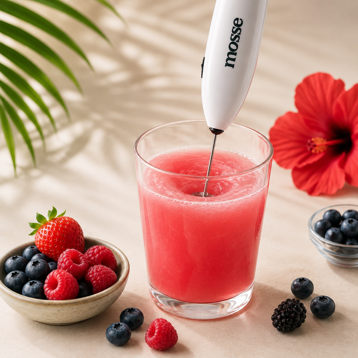 A white electric frother with the brand name 'mosse' on the handle, shown mixing a pink beverage in a clear glass. The scene is styled with fresh berries in small bowls, a red hibiscus flower, and a green palm leaf on a beige surface with soft shadows.